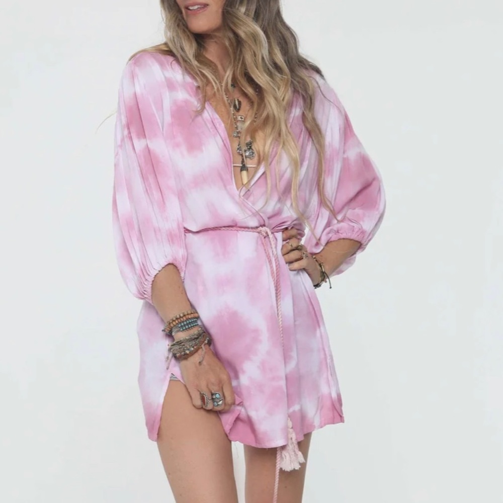 Jens Pirate Booty Tie Dye Roses Kimono Dress One Size